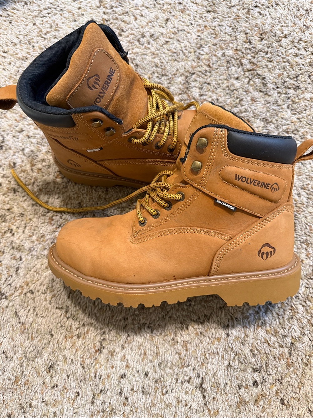 Wolverine Wheat Work Boots with Black Collar.